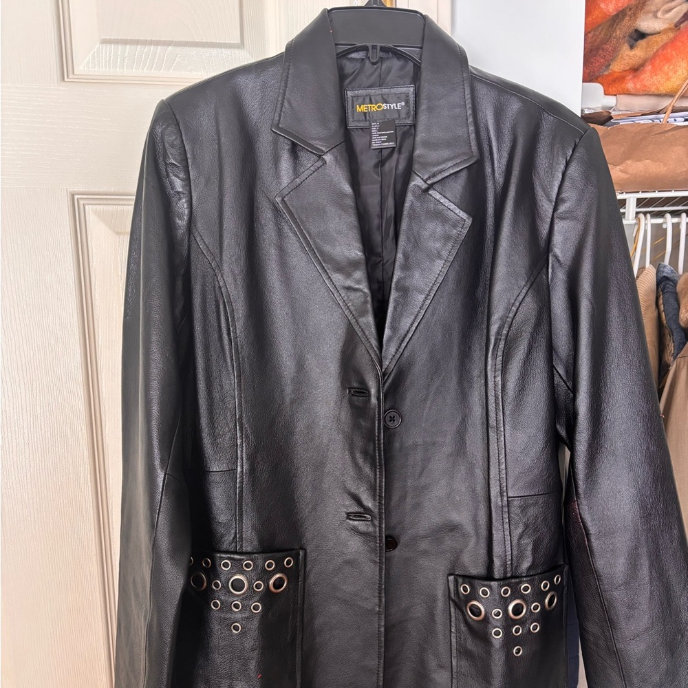 100% Leather Metrostyle Black Leather Blazer with Eyelet Accents